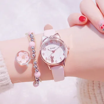 Menina nova do Relógio de Quartzo do Aluno Crianças relógio de Pulso Orelhas de Gato Rosto Presentes para as Crianças da Menina Estilo ulzzang Com Caixa de Relógio bracelete Frisado
