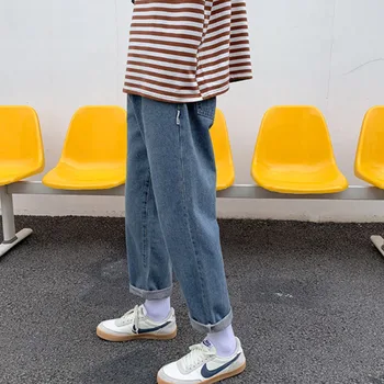Moda Jeans Reta Homens coreano Solto e Casual Retrô Azul de Brim dos Homens Harajuku Streetwear Selvagem Japonês do Tornozelo-comprimento de Calças