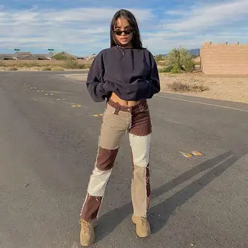 Outono, Marrom Mulheres Cowboy Listrado Patchwork Jeans Rua Casual Hip Hop Cintura Alta Solta calça Jeans Reta de Moda feminina Calças
