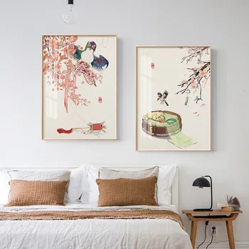 Pintura da lona do Estilo Japonês Paisagem Cartazes Flores, Árvores e Sinos de Impressões de Arte de Parede Fotos de Sala de estar Decoração de Casa