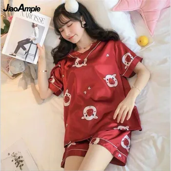 Plus Size Pijama Mulheres De Verão De Gelo Seda Fina Sexy Pijamas 2 Terno De Peça 2021 Nova Coreano V-Neck Impresso Pijamas Solta Homewear