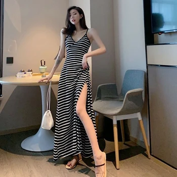 SURMIITRO Moda S-3XL Fenda Longa Spaghetti Strap Vestido de Verão das Mulheres 2021 Faixa Sexy Profundo Decote em V Festa Maxi Sundress Feminino