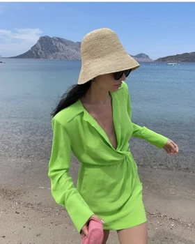 Za vestido de 2021 de verão, moda feminina cinto acolchoado camisa mini vestido estilo retrô manga longa com decote em V chic vestido verde Vestidos Mujer