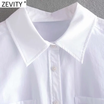 Zevity Mulheres da Moda Bolsos Duplos Patch Casual Avental Blusa Senhora do Escritório Breasted Curto Camisas Chique de Negócios Blusas, Tops LS9036